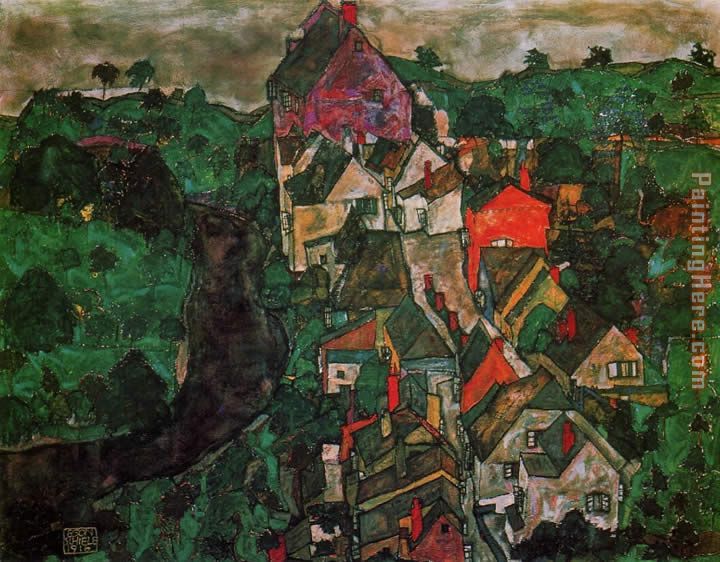 Krumau Landscape painting - Egon Schiele Krumau Landscape art painting